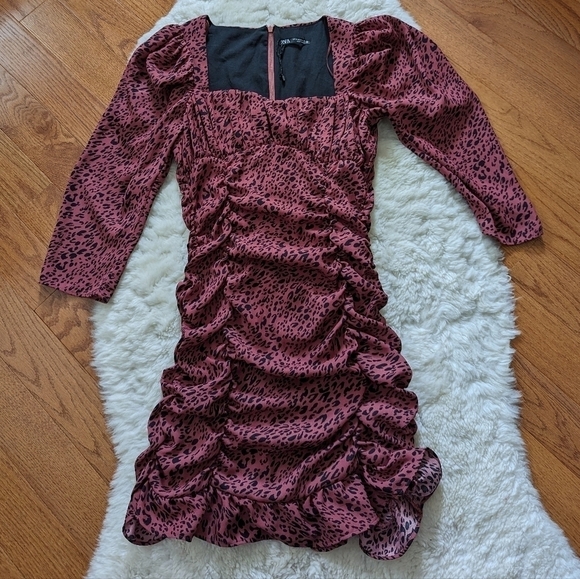 Zara animal print ruffled ruched mini dress medium - Picture 14 of 16